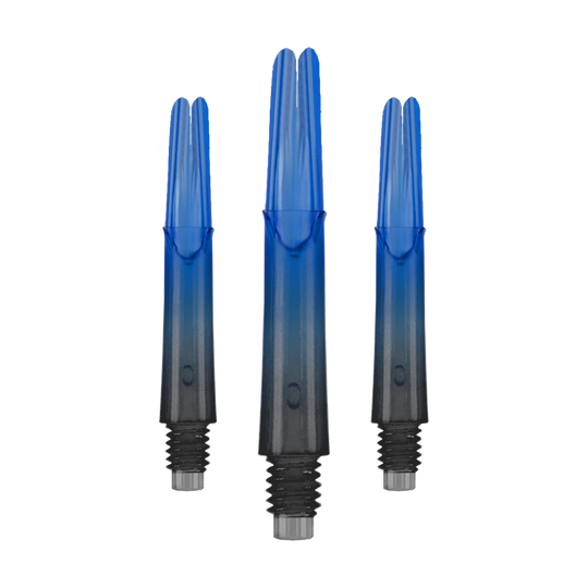 L-L-Style-Shaft Locked Straight Natural9 TwoTone Shafts - Blue Das Bild zeigt drei gerade Dartschäfte mit einem Farbverlauf von Schwarz zu Blau. Sie haben Gewinde am unteren Ende und sind ohne Kappen abgebildet.
