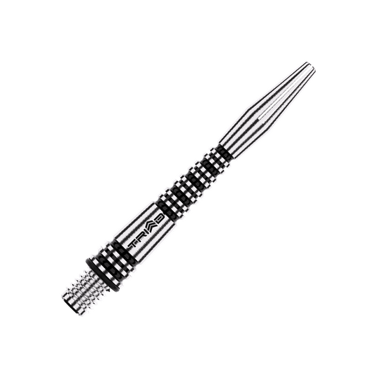 Dies ist ein schwarzer Aluminiumschaft für einen Dartpfeil mit dem Aufdruck "TRIAD". Das Design zeigt ein geriffeltes Muster für besseren Halt.