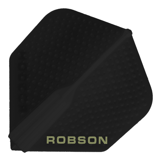 Robson Plus Dimple Flights - Black Dieses Bild zeigt ein schwarzes Dart-Flight mit dem Namen "Robson Plus Dimple Flights - Schwarz". Auf dem Flight steht am unteren Rand das Wort "ROBSON" in hellen Buchstaben.