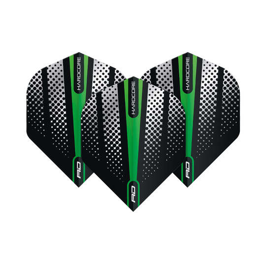 Das Bild zeigt drei Dart-Flights der Marke "Red Dragon Hardcore Radical Green Flash Standard Flights". Die Flights sind schwarz mit grünen und weißen Designelementen und haben einen modernen, auffälligen Look.
