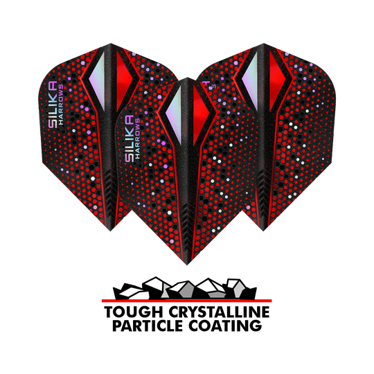 Das Bild zeigt drei Dart-Flights der Marke Harrows Silika Colourshift in Rot und Schwarz mit bunten Punkten. Unter den Flights steht der Text „Tough Crystalline Particle Coating“ mit einer Grafik von kleinen Kristallen.