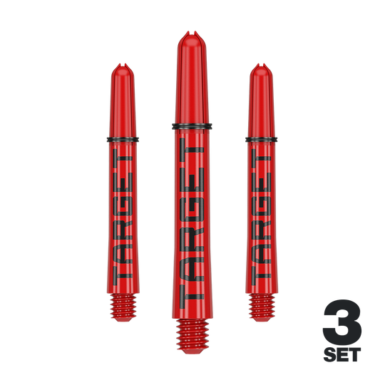 Das Bild zeigt drei rote Dartschäfte mit der Aufschrift "TARGET". Unten rechts steht "3 SET", was auf ein Set mit drei Stück hinweist.