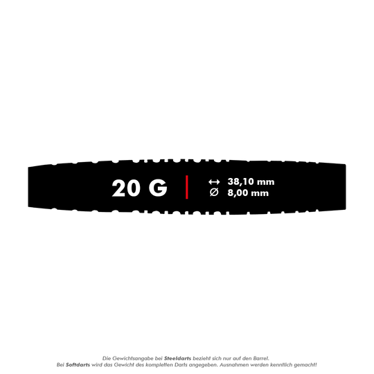 Red Dragon Rifle Soft Darts - 20g Das Bild zeigt die Red Dragon Rifle Softdarts mit einem Gewicht von 20 Gramm. Die Maße sind 38,10 mm Länge und 8,00 mm Durchmesser.