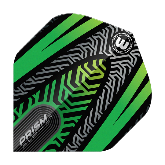Winmau Prism Alpha Black Green No. 2 Standard Flights Ein einzelner Winmau Prism Alpha Schwarz No2 Standard Flight wird präsentiert. Konturen und Details sind klar zu erkennen.