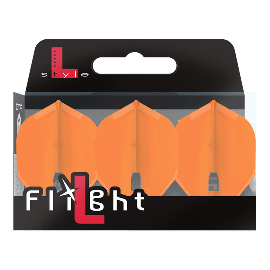 L-Style Flights Champagne - L1PRO Standard Auf dem Bild ist eine Packung mit drei orangefarbenen Dart-Flights zu sehen. Die Verpackung trägt die Aufschrift „L-Style Flight“.