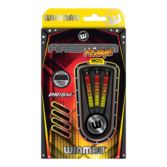 Winmau Firestorm Flame Parallel Softdarts - 20g Das Bild zeigt eine Verpackung der "Winmau Firestorm Flame Parallel Softdarts - 20g". In der Packung befinden sich drei farbenfrohe Softdarts mit 90% Tungsten-Anteil.