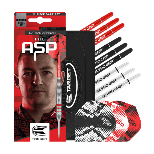 Zu sehen sind die Target Nathan Aspinall Brass Steeldarts mit 22 Gramm Gewicht. Diese Darts sind ideal für präzises Steeldart-Spiel.