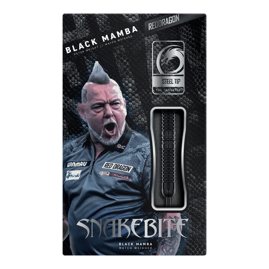 Red Dragon Peter Wright Snakebite Black Mamba Steeldarts, Nahaufnahme von mehreren Darts. Hochwertige Verarbeitung und modernes Design.