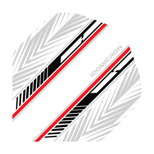 Das Bild zeigt einen Pentathlon No2 Standard Flight in den Farben Weiß, Schwarz und Rot. Das Design besteht aus schrägen Linien und einem modernen Muster mit der Aufschrift „100 MICRON“.