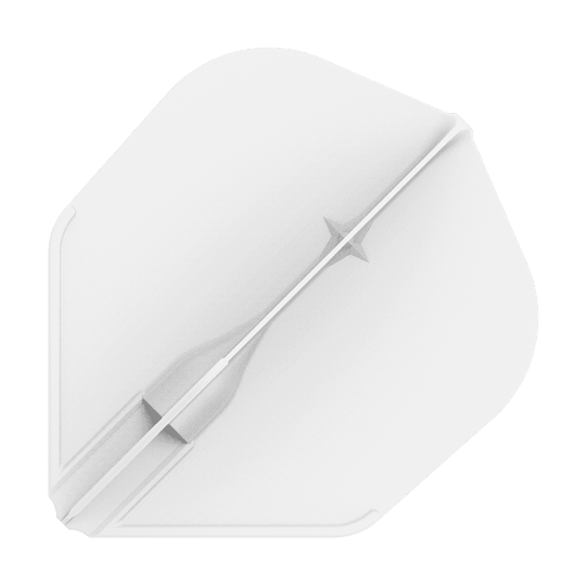 L-L-Style3EZ Flights Das Bild zeigt ein weißes Dartflight in einer einfachen, geometrischen Form. In der Mitte verläuft ein feiner, strukturierter Streifen mit einem kleinen Sternmotiv.