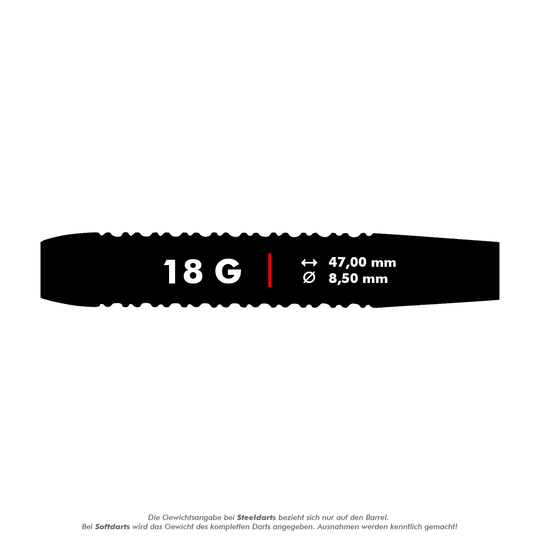 23662_Unicorn_Gary_Anderson_Black_Brass_Softdarts_5_18g Das Bild zeigt die Maße und das Gewicht der Unicorn Gary Anderson Black Brass Softdarts – 18g. Der Dart wiegt 18 Gramm, ist 47,00 mm lang und hat einen Durchmesser von 8,50 mm.