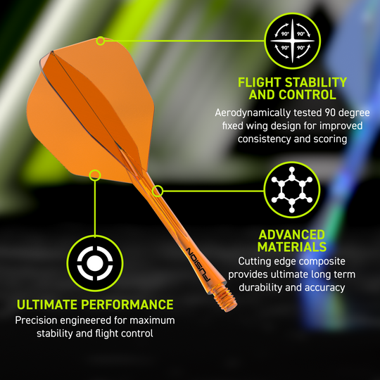 Winmau Fusion Flight Shaft System No6 Neon Orange Abgebildet ist das Winmau Fusion Flight-Shaft-System No6 Neon Orange. Dieses Dartzubehör verbindet Flight und Shaft in einem Teil.