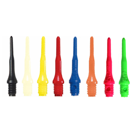 856_881572a04641b517 Das Bild zeigt verschiedene bunte Dartspitzen in einer Reihe. Es handelt sich um das Produkt "Evolution Spitzen (500er Pack)".