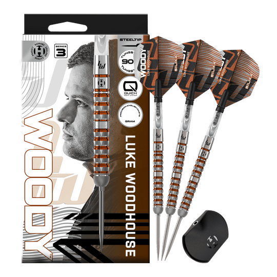 Gezeigt werden die Harrows Luke Woodhouse Series 3 Quick Point Steeldarts. Sie bieten eine hochwertige Verarbeitung und ein modernes Design.
