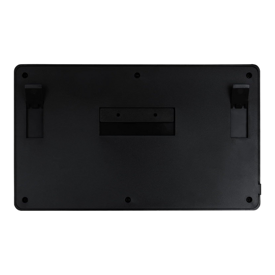 XQMax Dublin Dart Counter Das Bild zeigt die Rückseite des XQMax Dublin Dart Counter. Die Oberfläche ist schwarz mit zwei ausklappbaren Ständern und mehreren Befestigungspunkten.