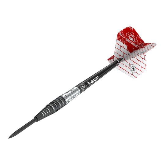 Bulls Martin Schindler Original Generation 3 steel darts Das Bild zeigt einen Steeldartpfeil der Marke "Bulls Martin Schindler Original Generation 3". Der Dartpfeil hat eine schwarz-silberne Spitze und Flight mit rotem Mauer-Design.