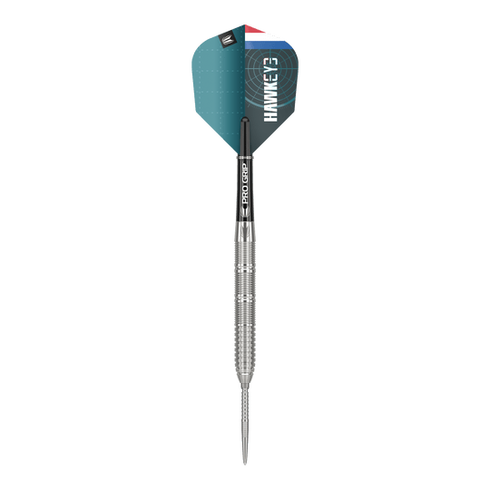 Target Kevin Doets GEN1 Swiss Point Steeldarts - 23g Das Bild zeigt einen Target Kevin Doets GEN1 Swiss Point Steeldart mit einem Gewicht von 23 Gramm. Der Dart hat einen silbernen, geriffelten Barrel und eine blau-schwarze Flight mit der Aufschrift "HAWKEYE".