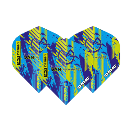 Winmau Delta Michael Van Gerwen Prism 04 Standard Flights Das Bild zeigt die Winmau Delta Michael Van Gerwen Prism 04 Standard Flights. Sie haben ein farbenfrohes Design in Blau, Gelb und Schwarz mit dem Namen und Logo von Michael Van Gerwen.