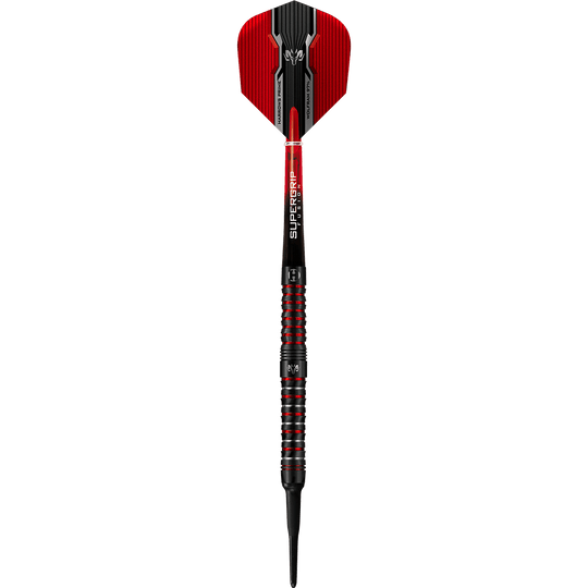 HA17041-Harrows-Wolfram-Infinity-97-Tungsten-Softdarts-1mPVfqJARgMEnx Das Bild zeigt einen Harrows Wolfram Infinity 97% Tungsten Softdart. Der Dartpfeil ist schwarz und rot mit auffälligen Griffmulden und einem modernen Design.