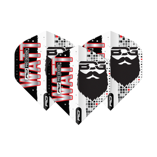 Red Dragon Hardcore Jason Watt BDG Premium No2 Standard Flights Das Bild zeigt vier Dartflights mit dem Aufdruck "WATT" und einem stilisierten Bartgesicht. Die Flights sind in Schwarz, Weiß und Rot gestaltet und tragen das Logo „BDG Pro Design“.