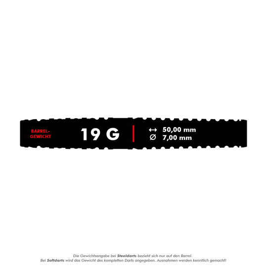 Target Japan Paul Lim The Legend GEN8 Soft Darts - 19g Das Bild zeigt die Spezifikationen eines Darts mit einem Gewicht von 19 Gramm. Die Länge beträgt 50,00 mm und der Durchmesser 7,00 mm.