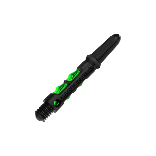 Das Bild zeigt einen Harrows Carbon ST Shaft in der Farbe Grün. Der Schaft besteht aus schwarzem Material mit auffälligen grünen Akzenten.