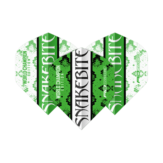 Red Dragon Peter Wright Snakebite Green White Yin Yang Standard Flights Das Bild zeigt drei Dart-Flights in den Farben Grün, Weiß und Schwarz mit der Aufschrift "Snakebite". Auf den Flights steht außerdem "World Champion Edition" und das Red Dragon Logo.
