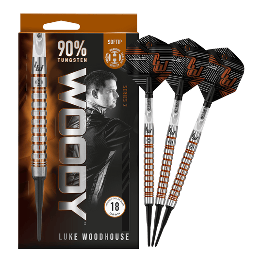 Das Bild zeigt die Harrows Luke Woodhouse Series 2 Softdarts mit einem Gewicht von 18 Gramm. Die Verpackung hebt hervor, dass die Darts zu 90 % aus Tungsten bestehen und für Softtip-Spiele geeignet sind.
