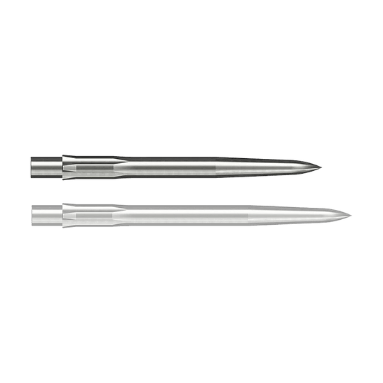 Auf dem Bild sind zwei silberne, glatte Stahlspitzen für Darts zu sehen. Sie sind länglich geformt und haben eine spitze Vorderseite.