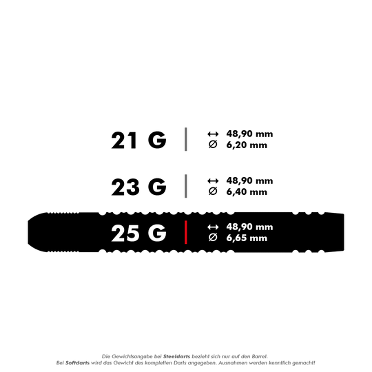 190224-_Target_Dimitri_Van_Den_Bergh_GEN2_Swiss_Point_Steeldarts_5_25g Das Bild zeigt drei verschiedene Gewichte von Steeldarts: 21g, 23g und 25g. Alle haben eine Länge von 48,90 mm, aber unterschiedliche Durchmesser: 6,20 mm, 6,40 mm und 6,65 mm.