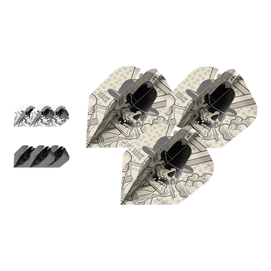 Das Bild zeigt drei Sets von Dartflights mit einem Totenkopf-Design und Hut. Die Flights gehören zum Produkt "Target Ink Bundle 3 Sets Dimitri Van Den Bergh Ten-X Flights".