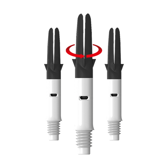 L-L-Style-Shaft Carbon Silent Straight - White Das Bild zeigt drei weiße und schwarze Dartshafts nebeneinander. Über dem mittleren Shaft ist ein roter Pfeil, der eine Drehbewegung anzeigt.