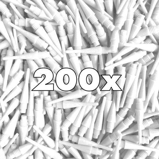 Shorties (200er Pack) - Spitzen Das Bild zeigt viele weiße Softdartspitzen. In der Mitte steht groß die Anzahl "200x".