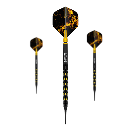 Red Dragon Nirvana soft darts - 20g Das Bild zeigt drei Softdarts des Modells "Red Dragon Nirvana Softdarts - 20g". Die Darts haben ein auffälliges schwarzes und gelbes Design mit einer markanten Musterung auf den Flights.