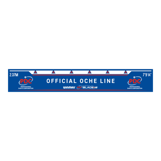 Winmau PDC throwing line Das Bild zeigt die Winmau PDC Abwurflinie in Blau mit weißer Schrift. Auf der Linie steht „OFFICIAL OCHE LINE“ sowie die Entfernungsangaben 2,37 m und 7’9 1/4’’.