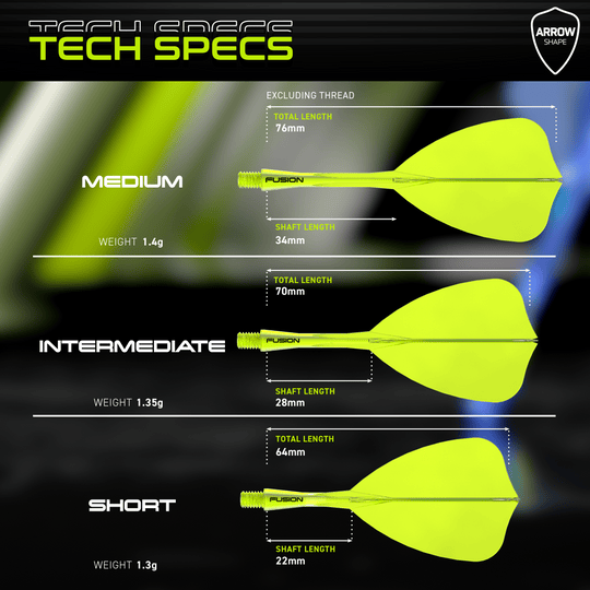 Das Bild zeigt das Winmau Fusion Flight-Shaft-System Arrow Neon Yellow. Es handelt sich um einen leuchtend gelben Flightschaft für Darts.