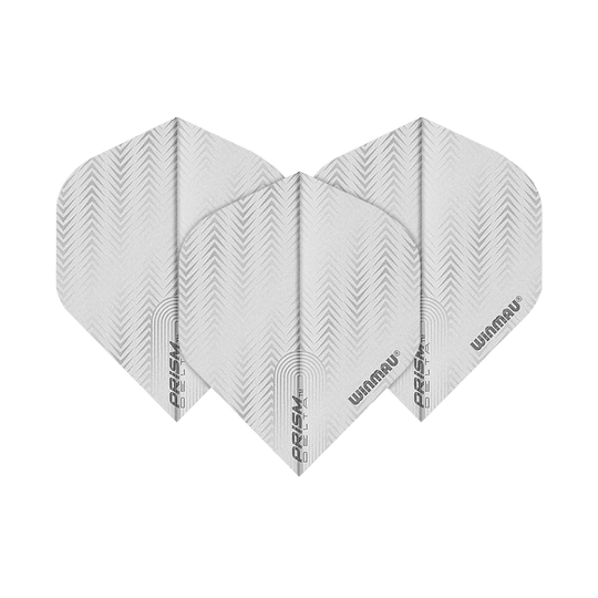 6915-204_Winmau_Prism_Delta_6915-204_Standard_Flights_1qCFmkKbQ4lgqU Das Bild zeigt drei weiße Dart-Flights des Modells "Winmau Prism Delta 6915.204 Standard". Auf jedem Flight sind dezente Muster und die Schriftzüge "PRISM DELTA" und "WINMAU" zu sehen.
