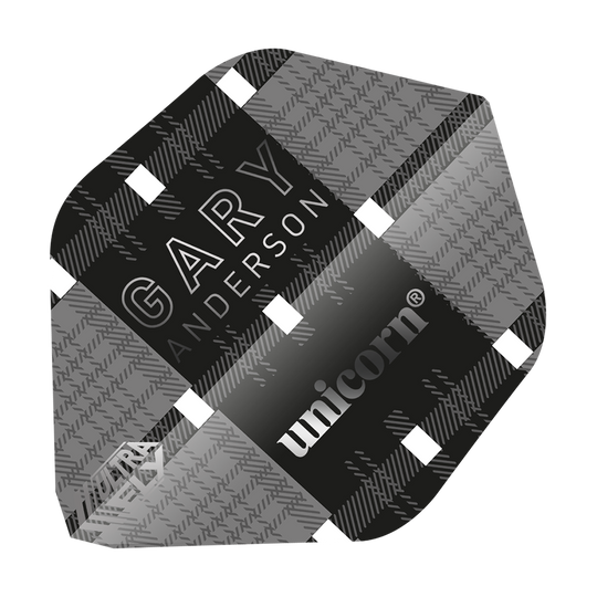 UN25_69030_Unicorn_UltraFly75_Gary_Anderson_World_Champion_Ghost_AR1_Flights_1 Dies ist ein Dart-Flügel mit einem Schwarz-Grau-Karo-Muster und weißen Akzenten. Auf dem Flügel stehen die Namen "Gary Anderson" und "unicorn".