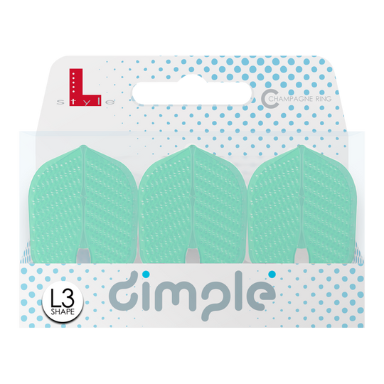 L-Style Flights Dimple Champagne L3PRO Shape Auf dem Bild ist eine Verpackung mit drei mintgrünen Darts-Flights der Marke "L-Style" zu sehen. Das Modell heißt "Dimple Champagne L3PRO Shape" und ist vorne mit blauen Punkten verziert.
