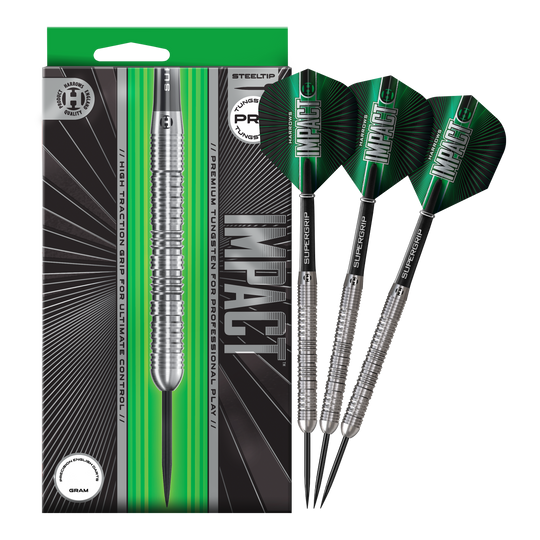Das Foto zeigt die vollständigen Harrows Impact Steeldarts. Die Darts sind fertig zusammengestellt für den Gebrauch.