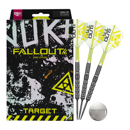 Target Luke Littler Nuke Fallout Swiss Points Steeldarts Auf dem Bild sind die Target Luke Littler Nuke Fallout Swiss Points Steeldarts dargestellt. Die Darts bieten eine spezielle Griffstruktur für besseren Halt.