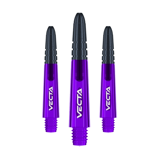 Winmau Vecta Shafts - Purple Black Auf dem Bild sind drei lilafarbene und schwarze Dartschäfte der Marke Vecta zu sehen. Die Schäfte sind 34 mm lang und werden als Set geliefert.