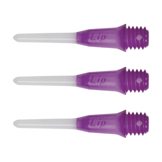 SLIPPTT-PU_L-Style_Two_Tone_Short_Lippoints_Purple_-30er_Pack Das Bild zeigt drei kurze, zweifarbige Dartspitzen mit lila Gewinde und weißer Spitze. Auf den Spitzen steht das Wort "Lip" eingraviert.