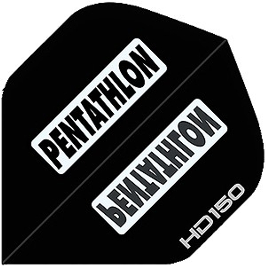 hd1 Das Bild zeigt einen schwarzen Dartflight mit der Aufschrift "PENTATHLON". In der Ecke steht zusätzlich "HD150" in weißen Buchstaben.