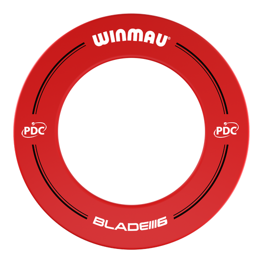 Winmau PDC Dartboard Surround - Red Das Bild zeigt einen roten Dartboard-Surround der Marke Winmau mit der Aufschrift "BLADE 6". Auf dem Ring sind außerdem PDC-Logos und schwarze Designelemente zu sehen.