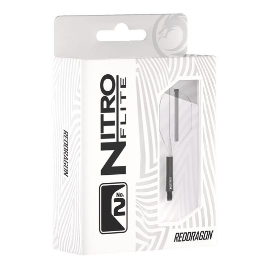 Red Dragon Nitroflite - Black Shaft Clear No2 Flights Die Abbildung zeigt die Verpackung des Produkts „Red Dragon Nitroflite - Black Shaft Clear No2 Flights“. Die Verpackung ist überwiegend weiß mit schwarzen Aufdrucken und einer Sichtöffnung, durch die das Produkt zu sehen ist.