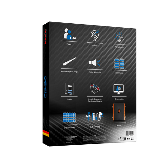 Electronic dartboard CB 90 tournament version Die Abbildung zeigt die Rückseite der Verpackung der elektronischen Dartscheibe CB 90 Turnierausführung mit Symbolen zu den wichtigsten Funktionen. Es werden verschiedene Merkmale wie Spieleranzahl, Spielmodi, LED-Display und Zubehör dargestellt.