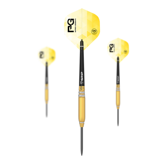 Das Bild zeigt drei Steeldarts des Modells "Bulls Patrick Geeraets" mit einem Gewicht von 23 Gramm. Die Darts haben gelbe Flights und einen goldfarbenen Barrel.