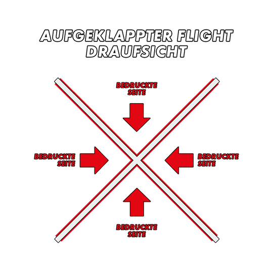 MD-000_4-Seitig_Bedruckte_Flights_5KpdX0vyBCxoPq Das Bild zeigt eine aufgeklappte Draufsicht eines 4-seitig bedruckten Flights. Rote Pfeile weisen auf jede Seite und zeigen an, wo der Aufdruck platziert ist.