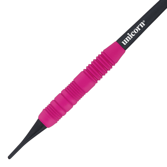 Unicorn Core Plus Rubberised Pink Softdarts - 19g Das Bild zeigt einen Unicorn Core Plus Rubberised Pink Softdart mit einem Gewicht von 19g. Der Dart hat einen pinken, gummierten Griff und eine schwarze Spitze.